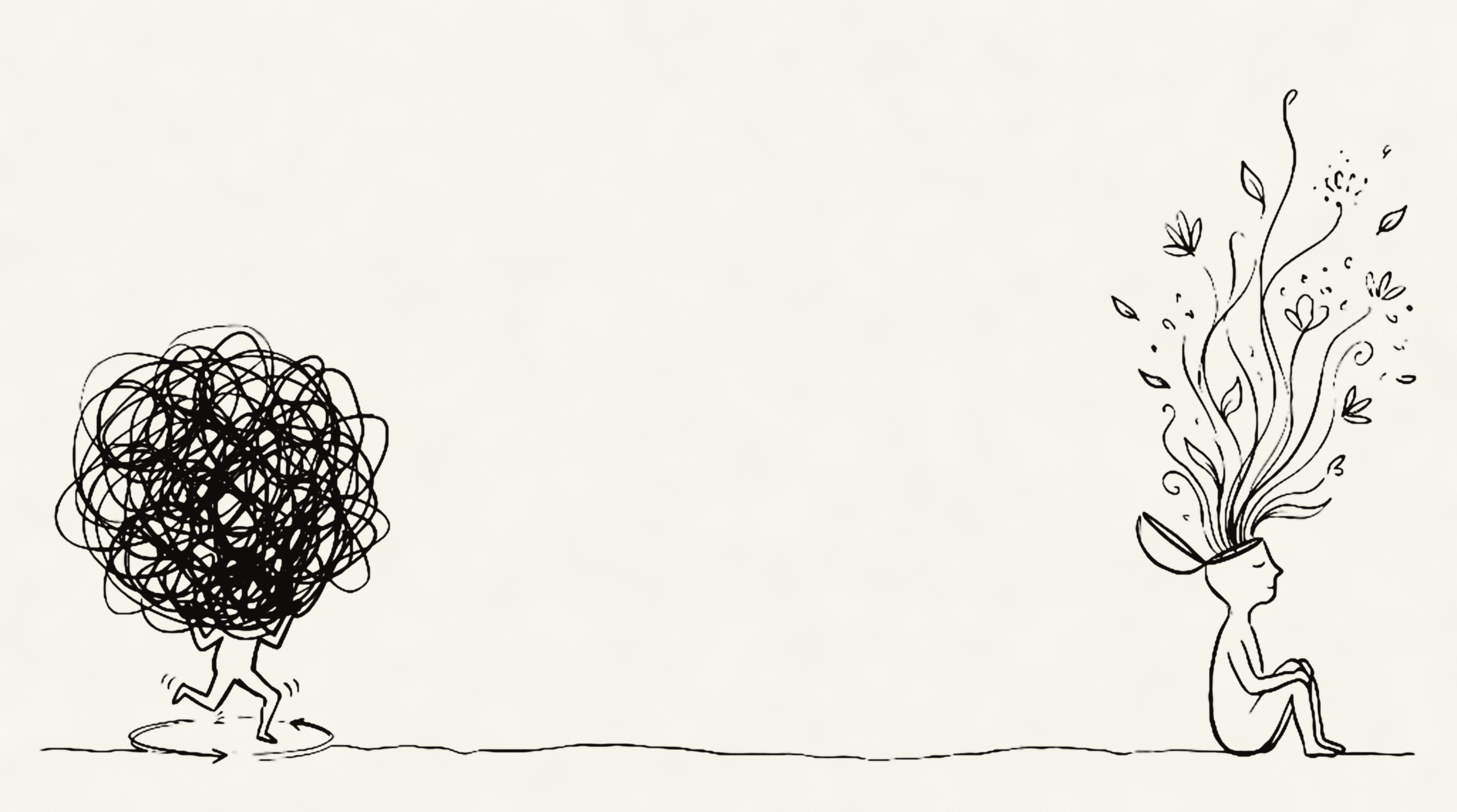 On the left, a frantic figure runs in circles carrying a giant tangled scribble; on the right, a calm seated figure with flowers and leaves blooming from an open mind